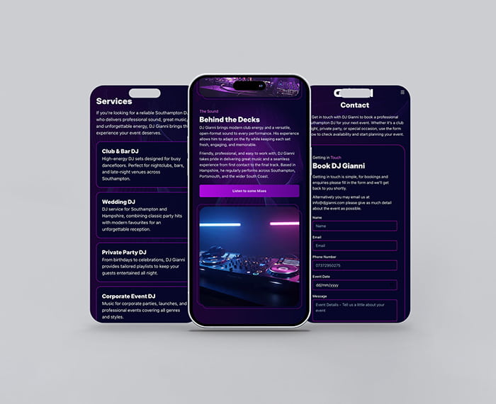 Mobile website mockups showing responsive design across three screens